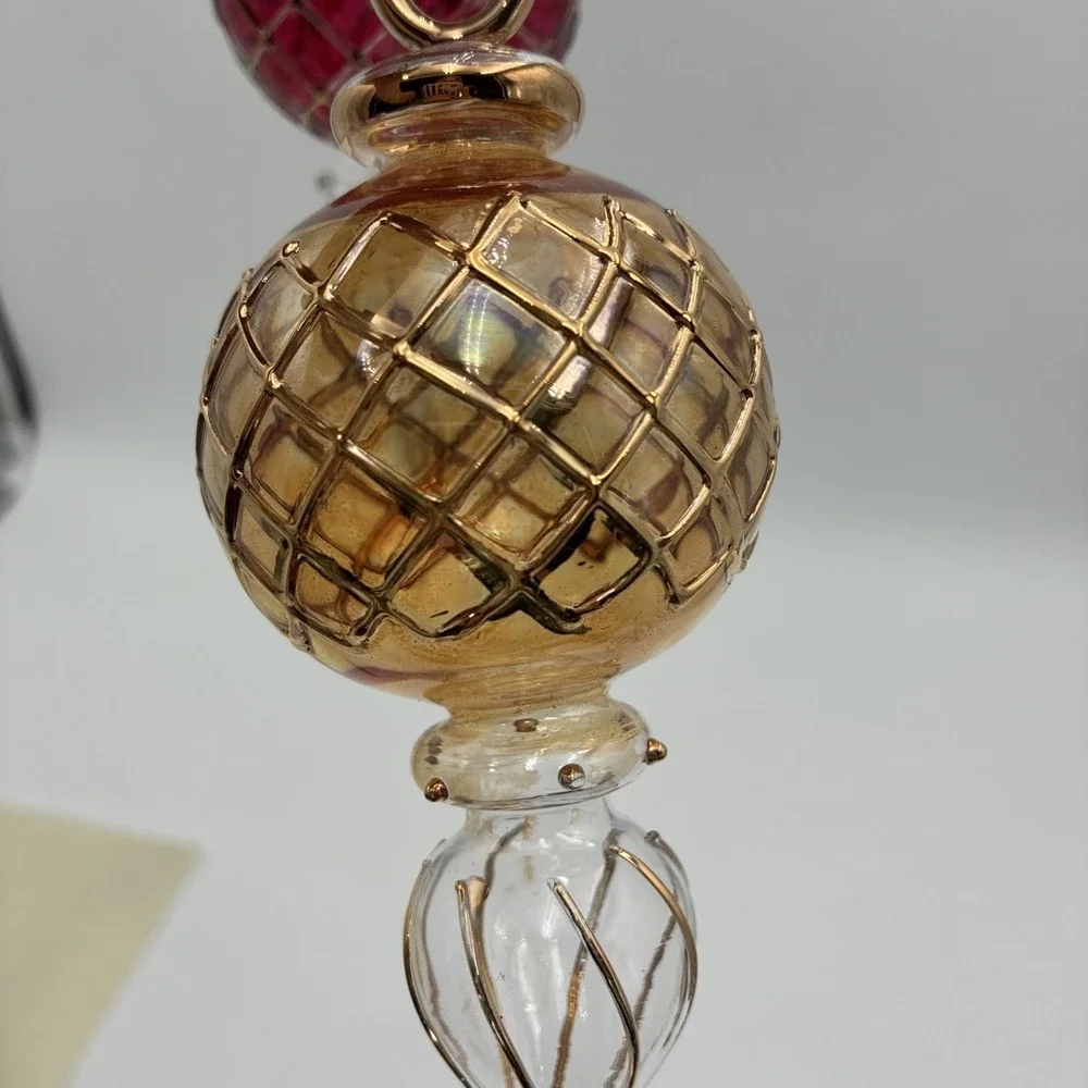 Vintage Hand Blown Glass Finial Christmas Ornaments Red Gold Lattice Set of 2